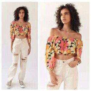 Billabong Blouse Cropped‎ Top junior SMALL Floral Puff Sleeve Boat Neck Peplum